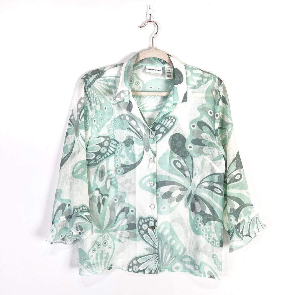 Vintage Alfred Dunner Petite Mint green butterfly button up shirt Size 10P